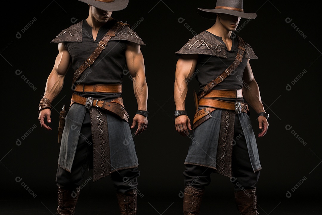 Homem vestido com um estilo que remete ao velho oeste com um chapéu de cowboy colete e acessórios que sugerem um personagem