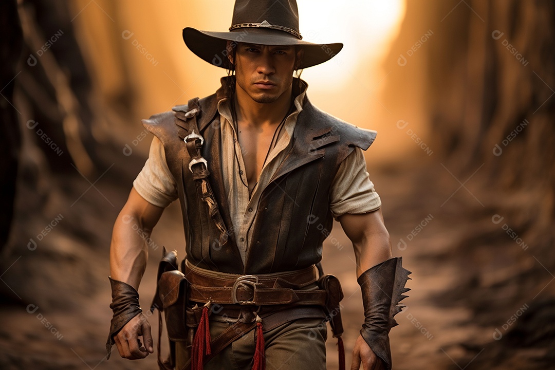Homem vestido com um estilo que remete ao velho oeste com um chapéu de cowboy colete e acessórios que sugerem um personagem