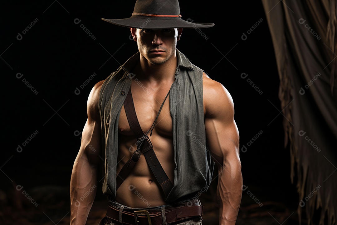 Homem vestido com um estilo que remete ao velho oeste com um chapéu de cowboy colete e acessórios que sugerem um personagem