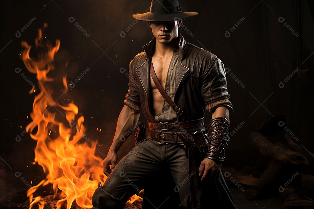 Homem vestido com um estilo que remete ao velho oeste com um chapéu de cowboy colete e acessórios que sugerem um personagem