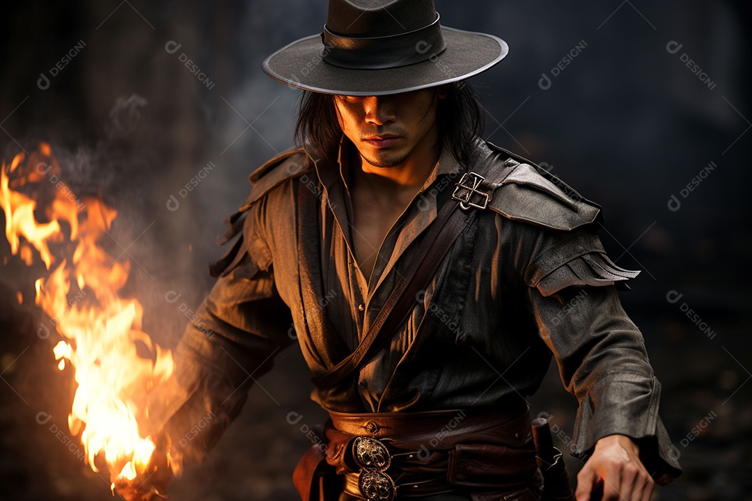 Homem vestido com um estilo que remete ao velho oeste com um chapéu de cowboy colete e acessórios que sugerem um personagem