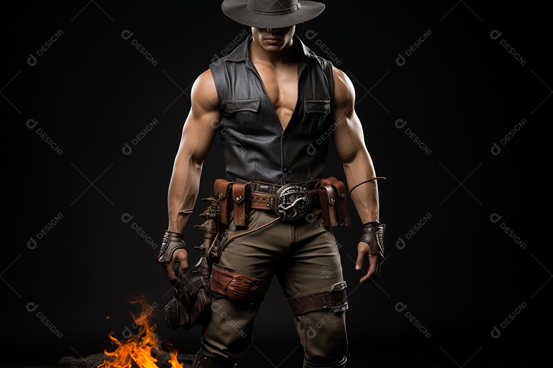Homem vestido com um estilo que remete ao velho oeste com um chapéu de cowboy colete e acessórios que sugerem um personagem