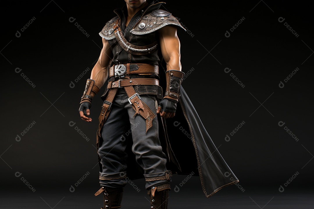 Homem vestido com um estilo que remete ao velho oeste com um chapéu de cowboy colete e acessórios que sugerem um personagem