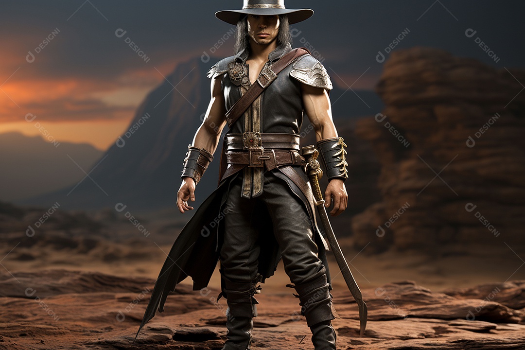 Homem vestido com um estilo que remete ao velho oeste com um chapéu de cowboy colete e acessórios que sugerem um personagem