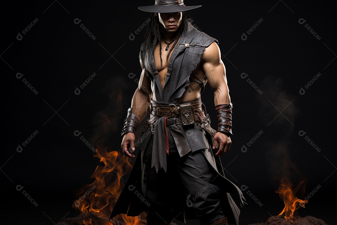 Homem vestido com um estilo que remete ao velho oeste com um chapéu de cowboy colete e acessórios que sugerem um personagem