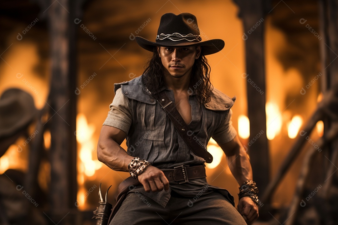 Homem vestido com um estilo que remete ao velho oeste com um chapéu de cowboy colete e acessórios que sugerem um personagem