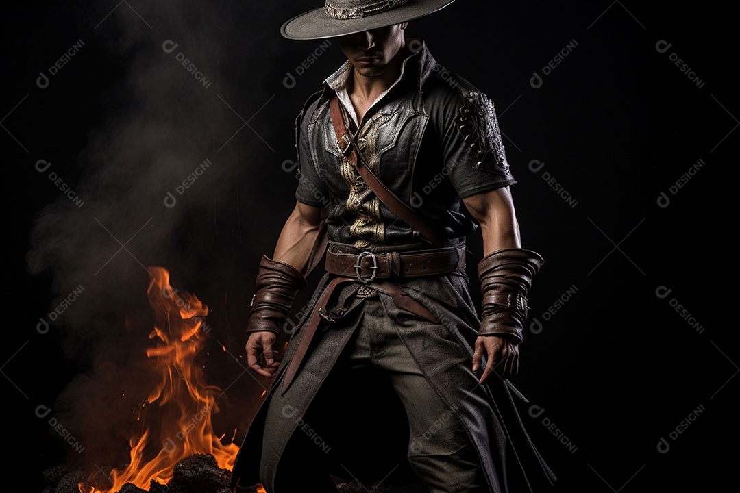 Homem vestido com um estilo que remete ao velho oeste com um chapéu de cowboy colete e acessórios que sugerem um personagem