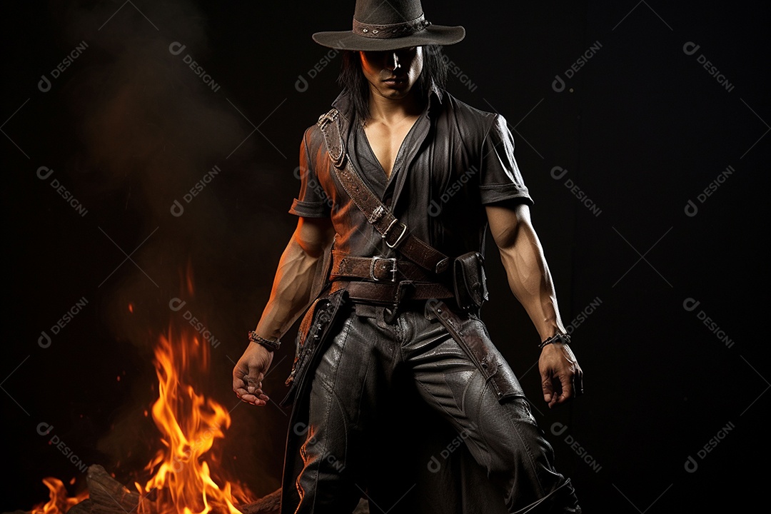 Homem vestido com um estilo que remete ao velho oeste com um chapéu de cowboy colete e acessórios que sugerem um personagem