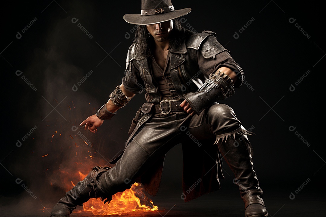 Homem vestido com um estilo que remete ao velho oeste com um chapéu de cowboy colete e acessórios que sugerem um personagem