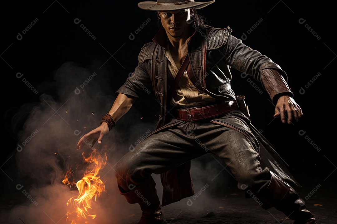 Homem vestido com um estilo que remete ao velho oeste com um chapéu de cowboy colete e acessórios que sugerem um personagem