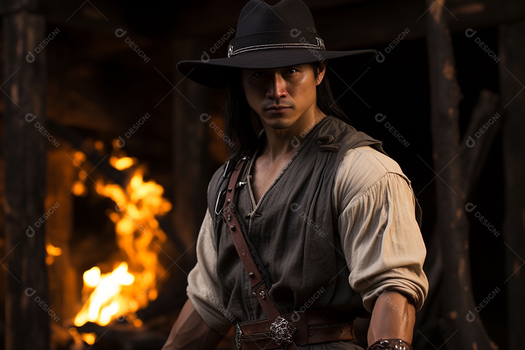 Homem vestido com um estilo que remete ao velho oeste com um chapéu de cowboy colete e acessórios que sugerem um personagem