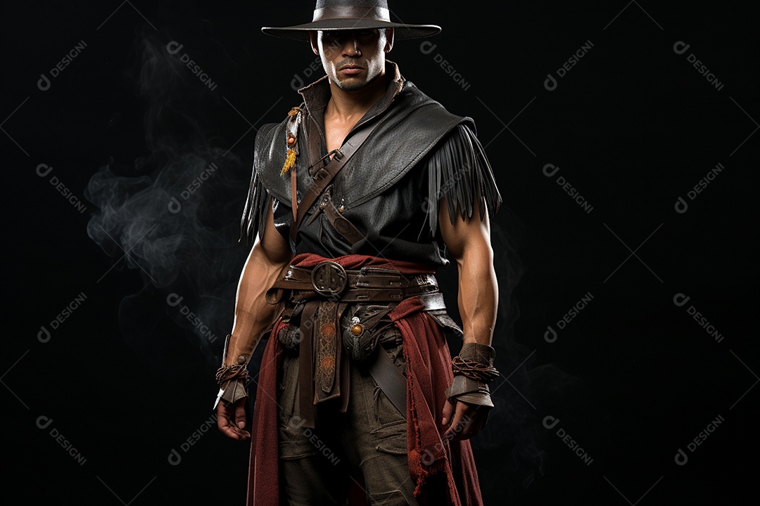 Homem vestido com um estilo que remete ao velho oeste com um chapéu de cowboy colete e acessórios que sugerem um personagem