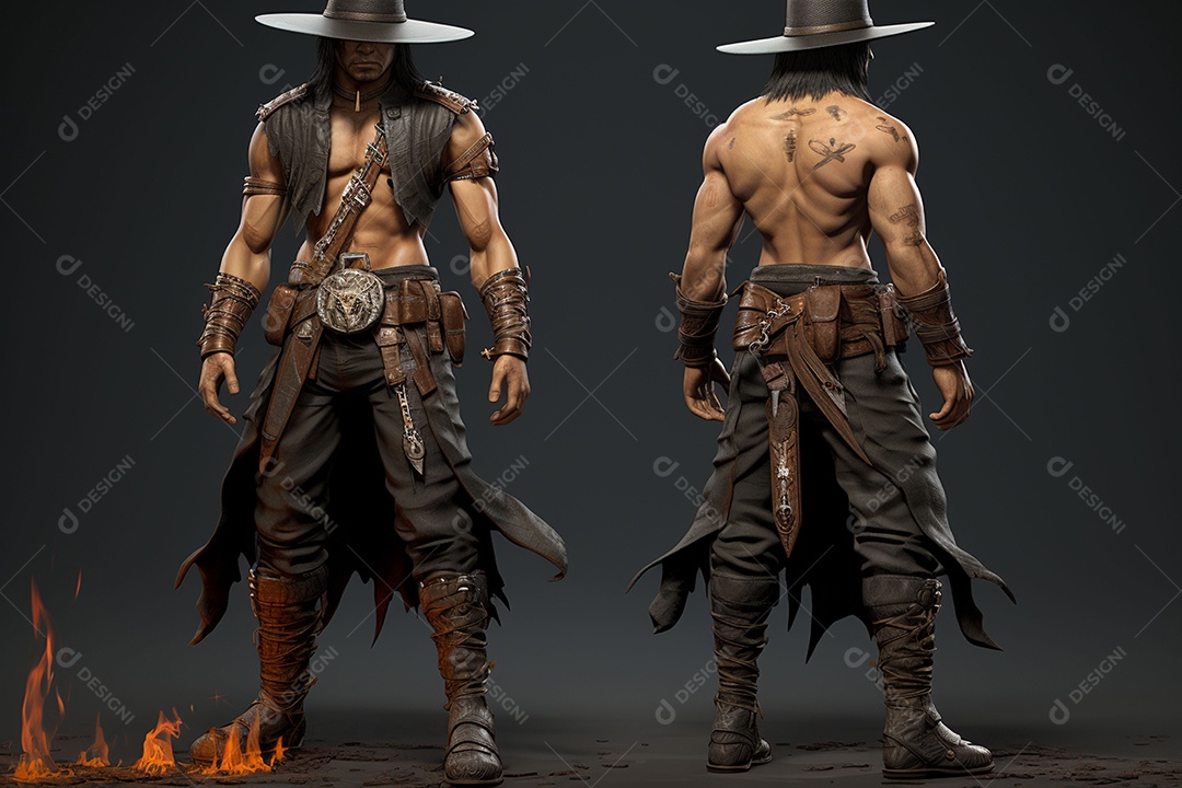 Homem vestido com um estilo que remete ao velho oeste com um chapéu de cowboy colete e acessórios que sugerem um personagem