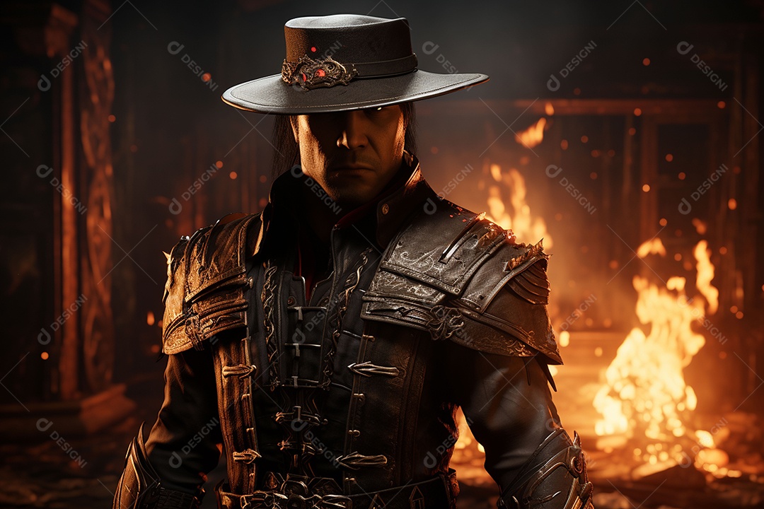 Homem vestido com um estilo que remete ao velho oeste com um chapéu de cowboy colete e acessórios que sugerem um personagem
