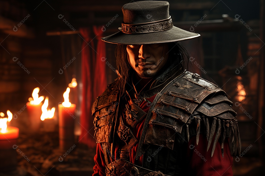 Homem vestido com um estilo que remete ao velho oeste com um chapéu de cowboy colete e acessórios que sugerem um personagem