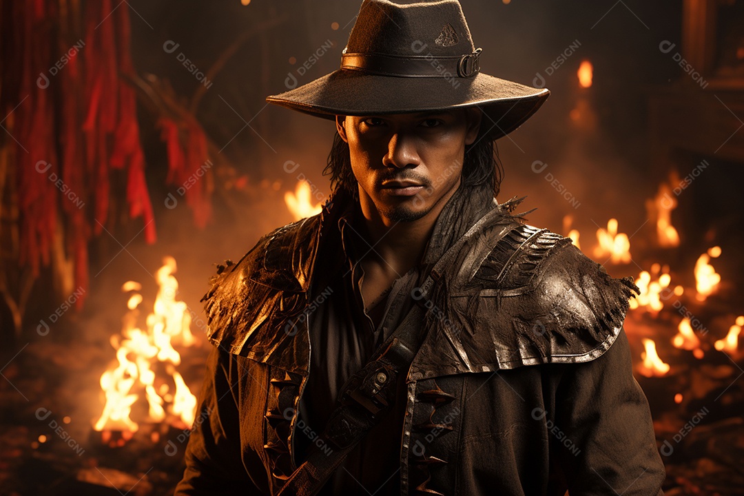 Homem vestido com um estilo que remete ao velho oeste com um chapéu de cowboy colete e acessórios que sugerem um personagem