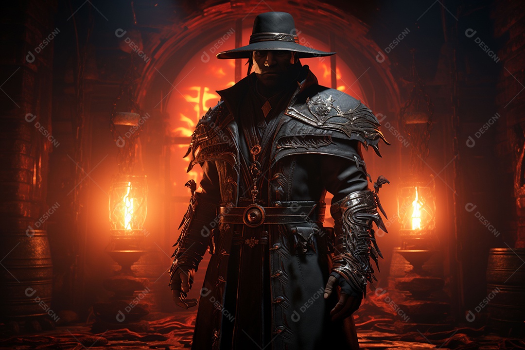 Homem vestido com um estilo que remete ao velho oeste com um chapéu de cowboy colete e acessórios que sugerem um personagem