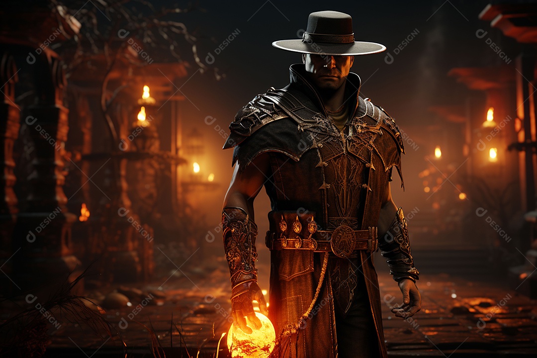 Homem vestido com um estilo que remete ao velho oeste com um chapéu de cowboy colete e acessórios que sugerem um personagem