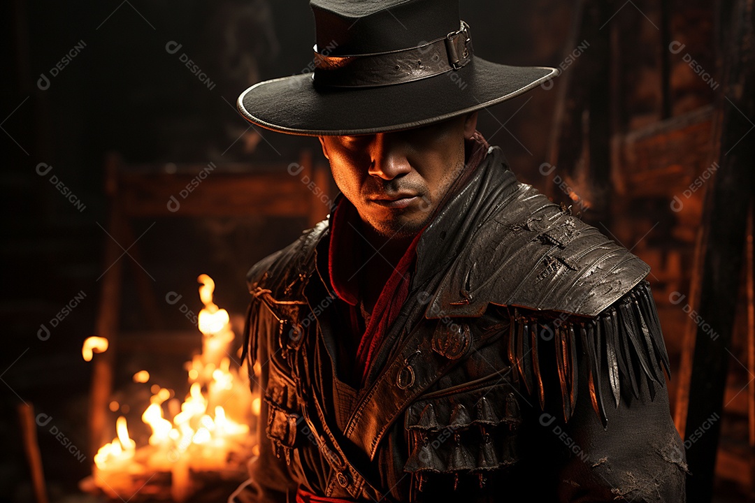 Homem vestido com um estilo que remete ao velho oeste com um chapéu de cowboy colete e acessórios que sugerem um personagem
