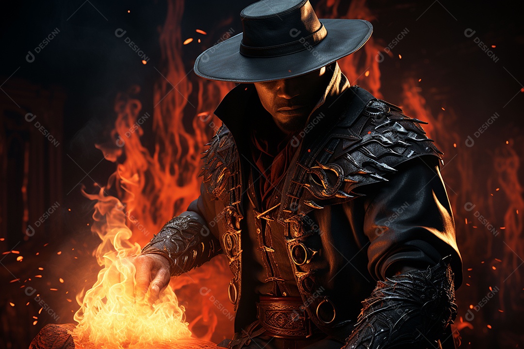 Homem vestido com um estilo que remete ao velho oeste com um chapéu de cowboy colete e acessórios que sugerem um personagem