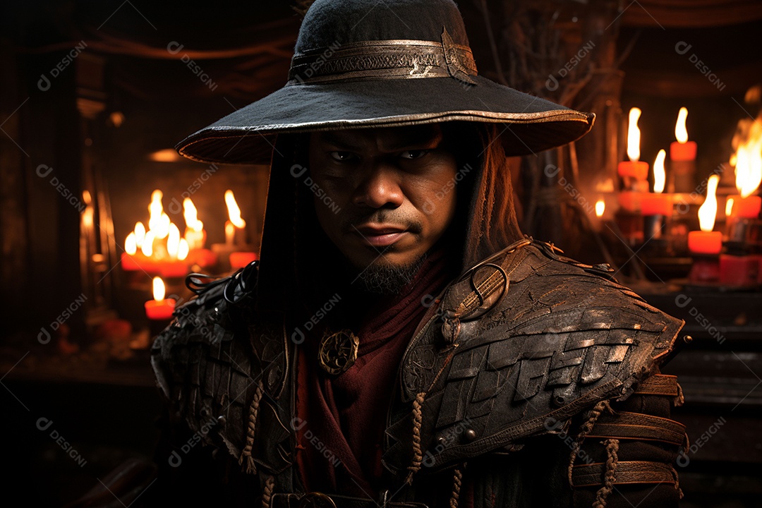 Homem vestido com um estilo que remete ao velho oeste com um chapéu de cowboy colete e acessórios que sugerem um personagem