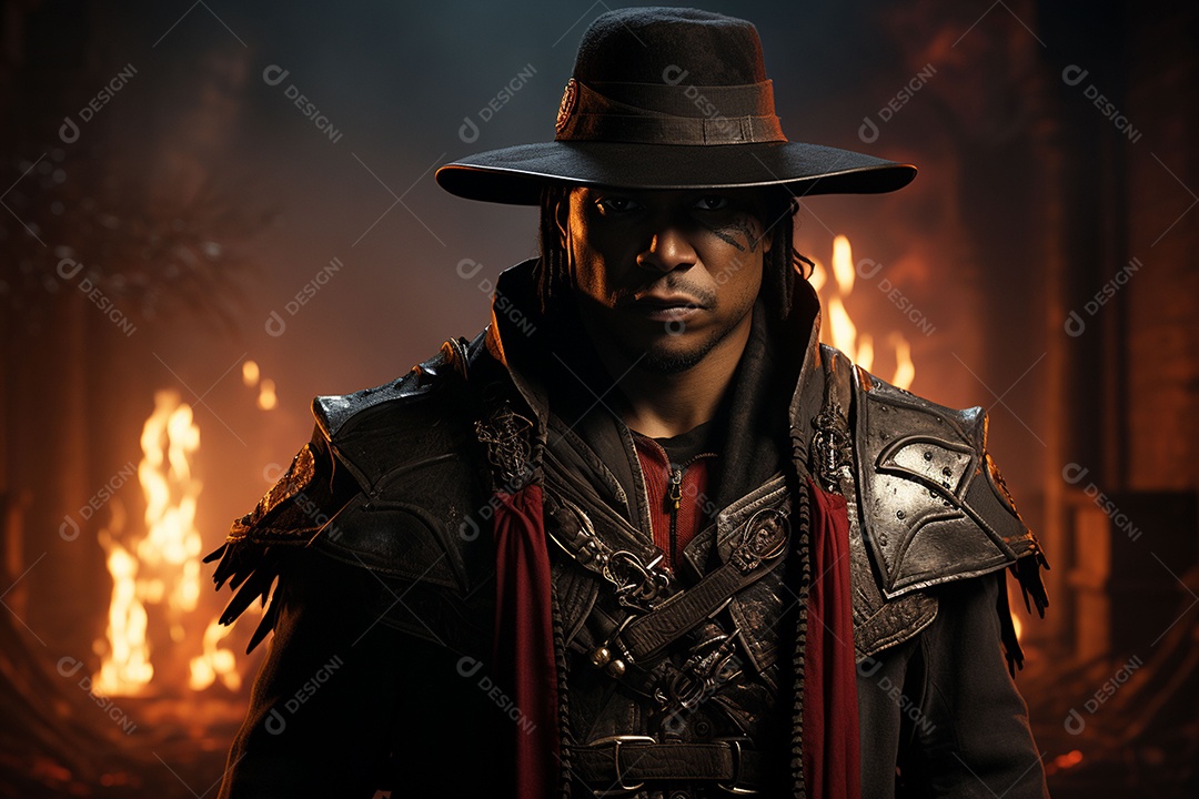 Homem vestido com um estilo que remete ao velho oeste com um chapéu de cowboy colete e acessórios que sugerem um personagem