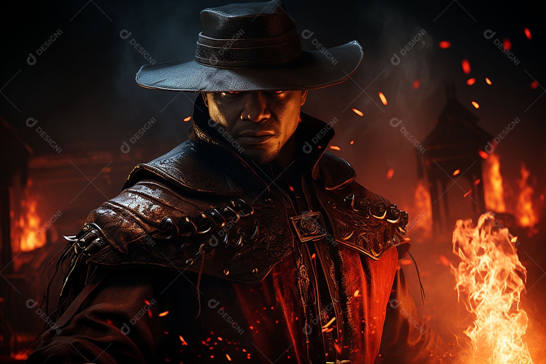 Homem vestido com um estilo que remete ao velho oeste com um chapéu de cowboy colete e acessórios que sugerem um personagem