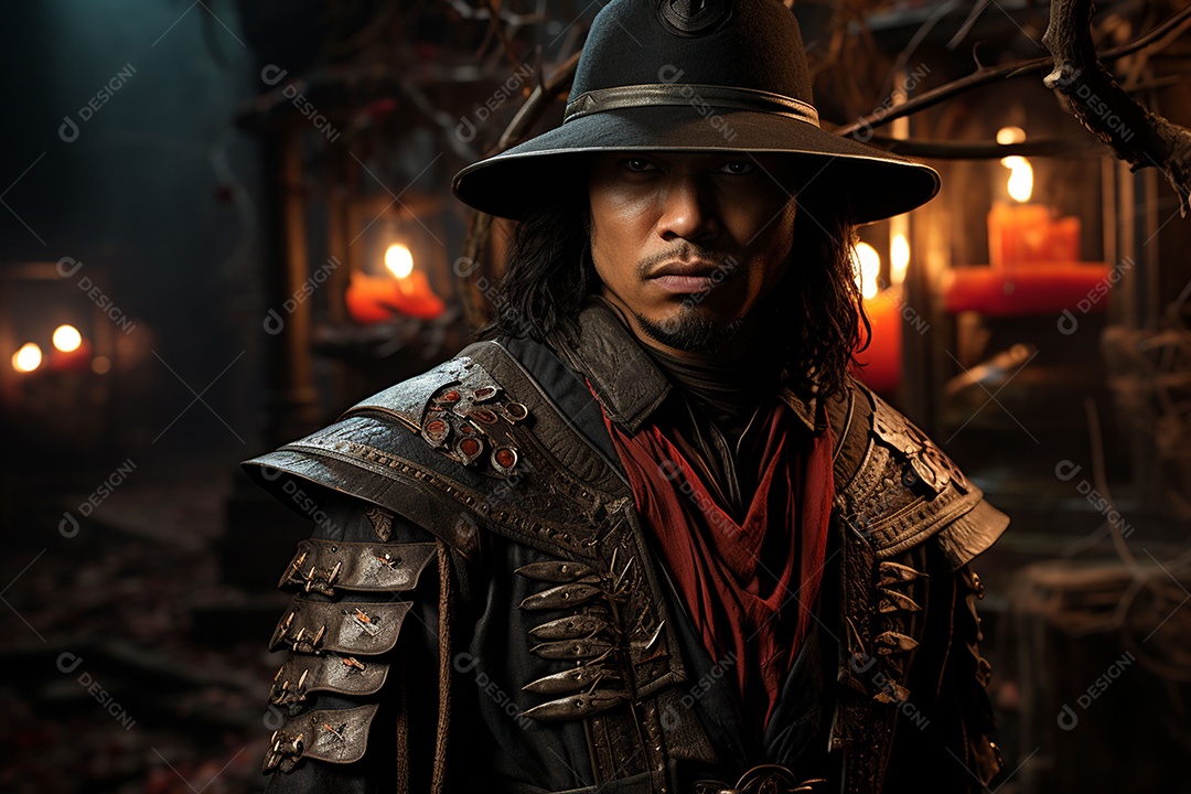 Homem vestido com um estilo que remete ao velho oeste com um chapéu de cowboy colete e acessórios que sugerem um personagem