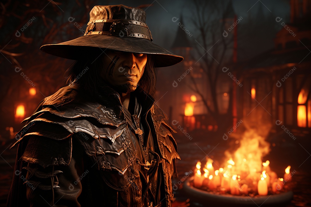 Homem vestido com um estilo que remete ao velho oeste com um chapéu de cowboy colete e acessórios que sugerem um personagem