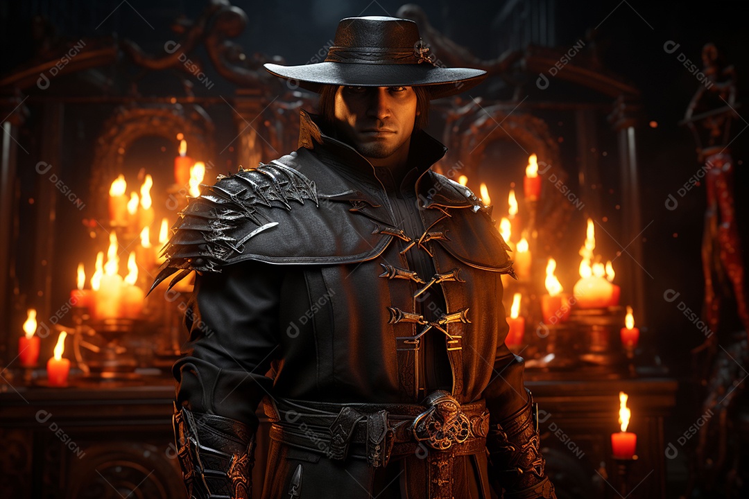 Homem vestido com um estilo que remete ao velho oeste com um chapéu de cowboy colete e acessórios que sugerem um personagem