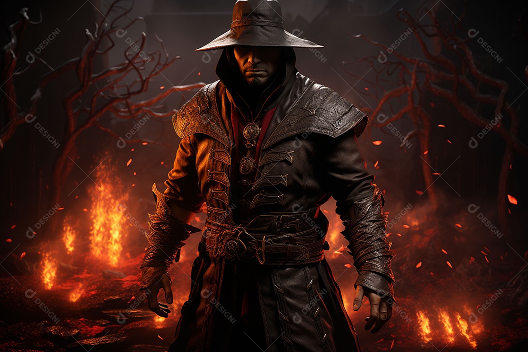 Homem vestido com um estilo que remete ao velho oeste com um chapéu de cowboy colete e acessórios que sugerem um personagem