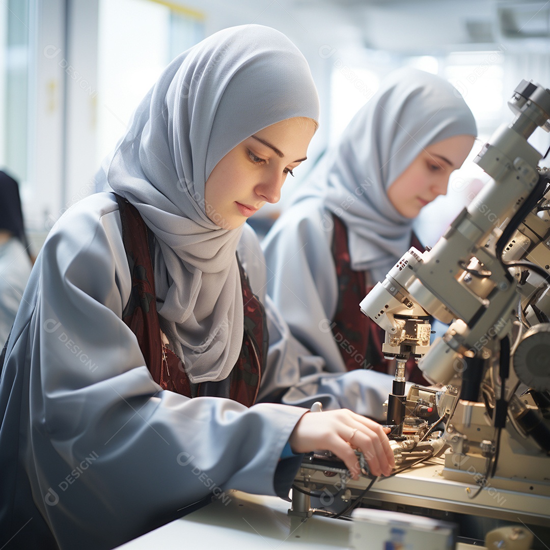Estudantes muçulmanas fazendo experimento