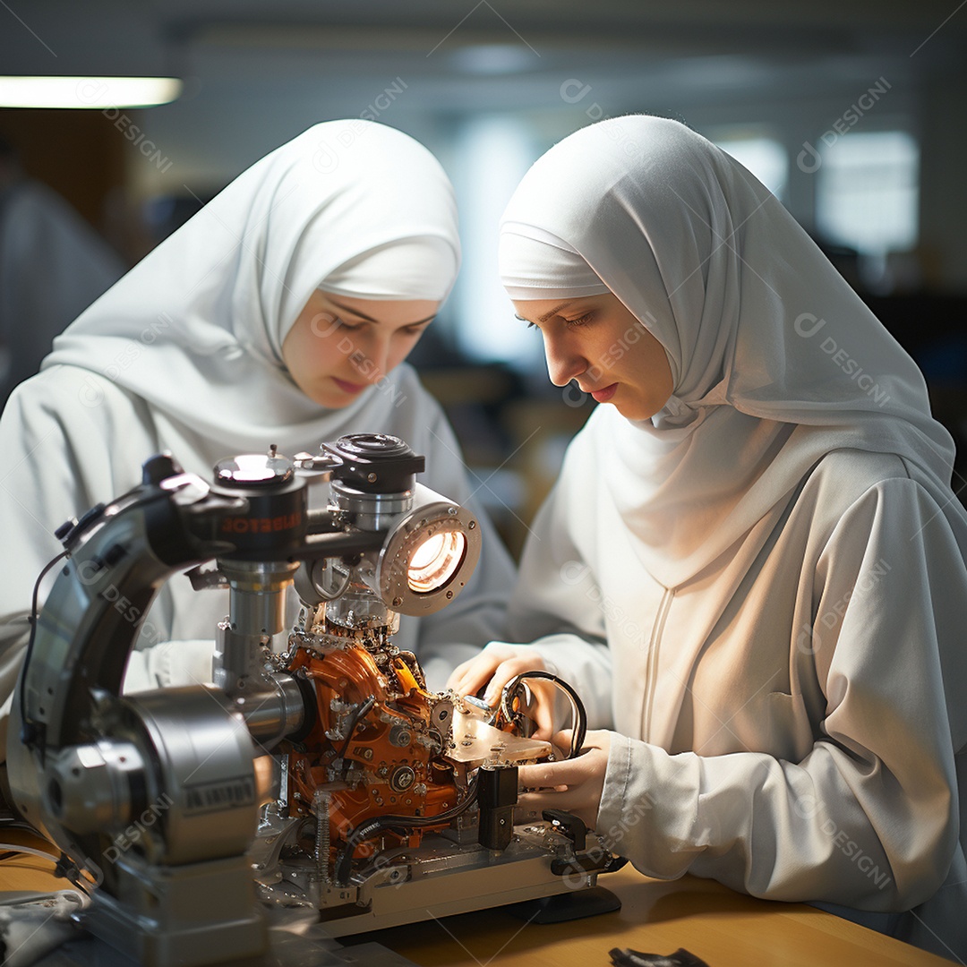 Estudantes muçulmanas fazendo experimento