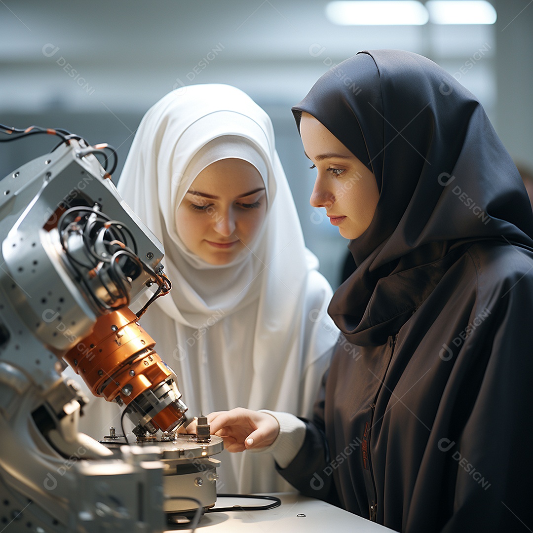 Estudantes muçulmanas fazendo experimento