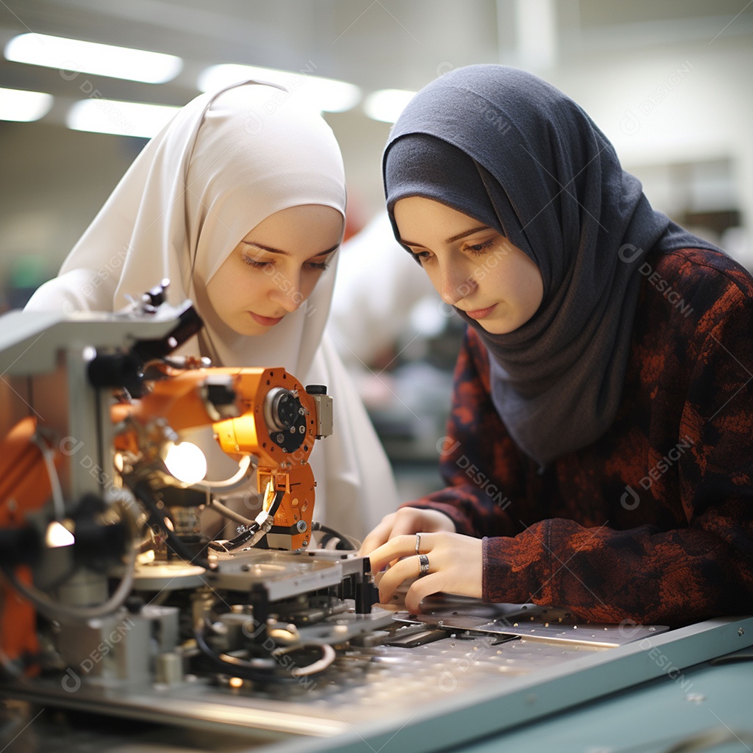 Estudantes muçulmanas fazendo experimento