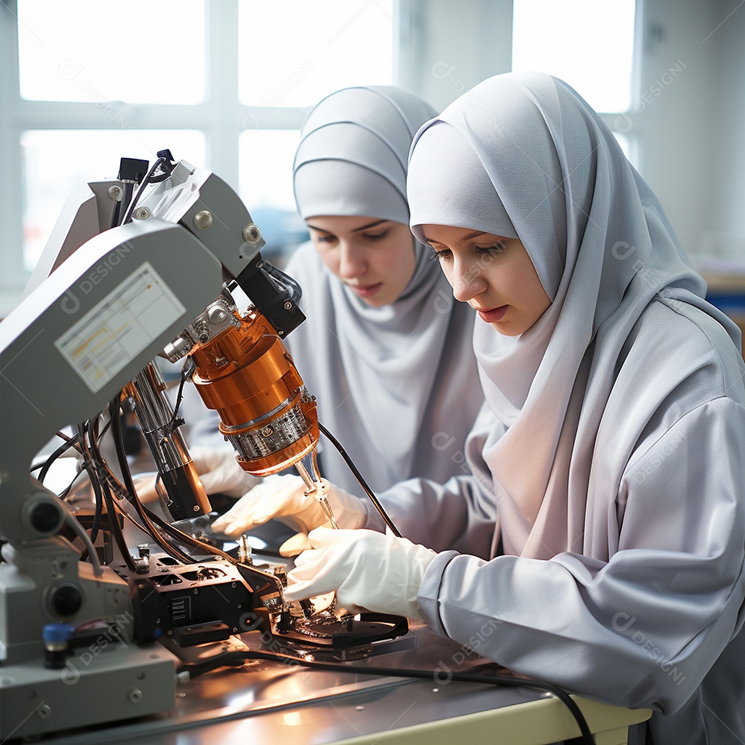 Estudantes muçulmanas fazendo experimento