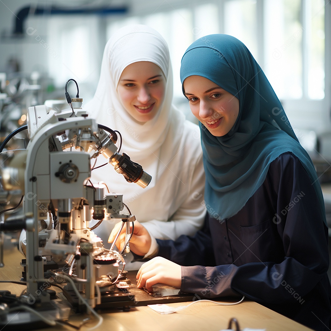 Estudantes muçulmanas fazendo experimento