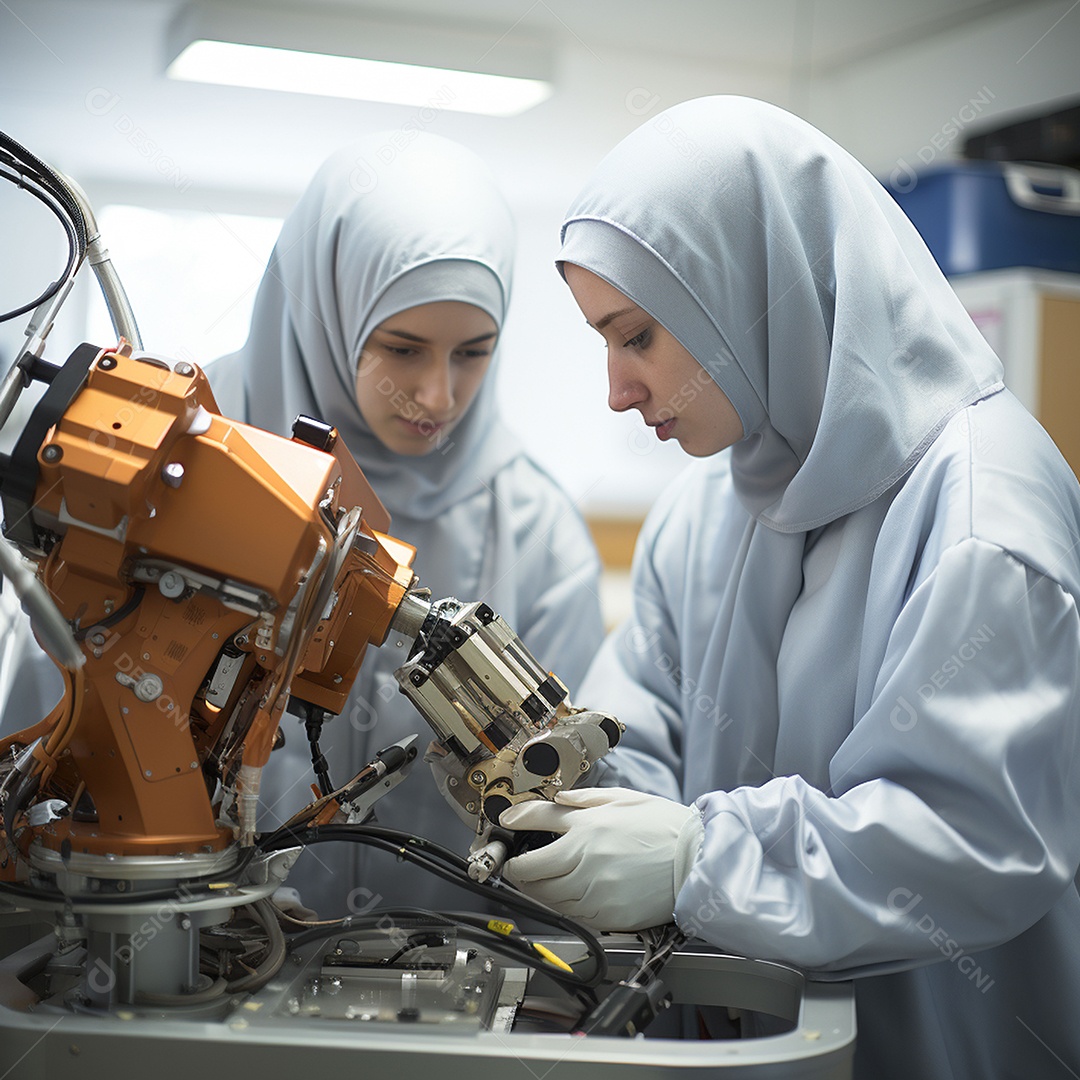 Estudantes muçulmanas fazendo experimento