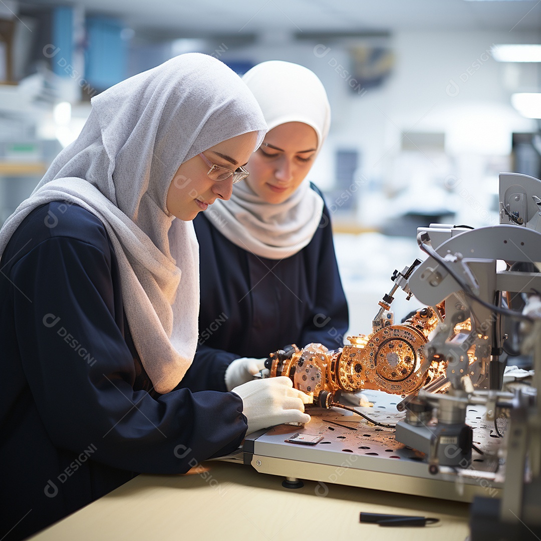 Estudantes muçulmanas fazendo experimento