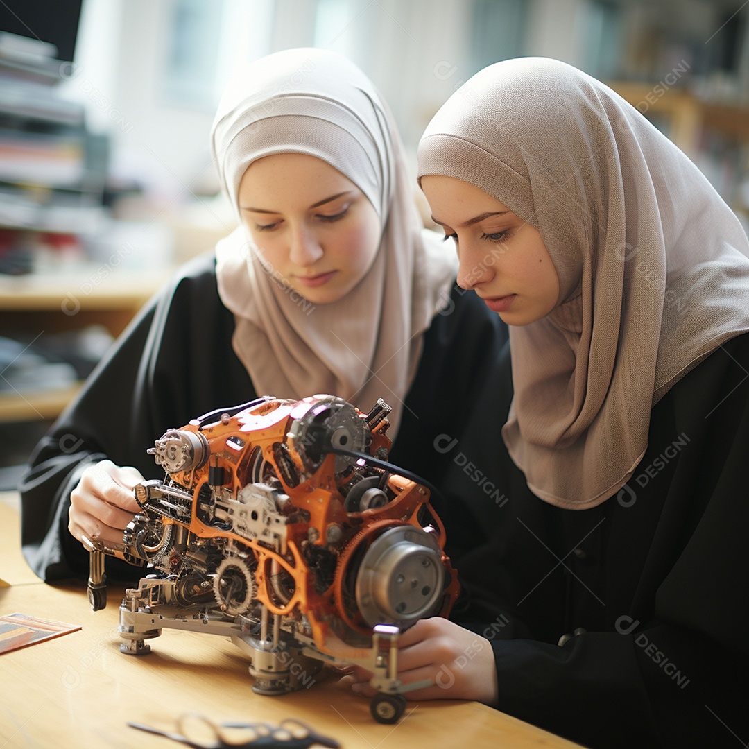 Estudantes muçulmanas fazendo experimento