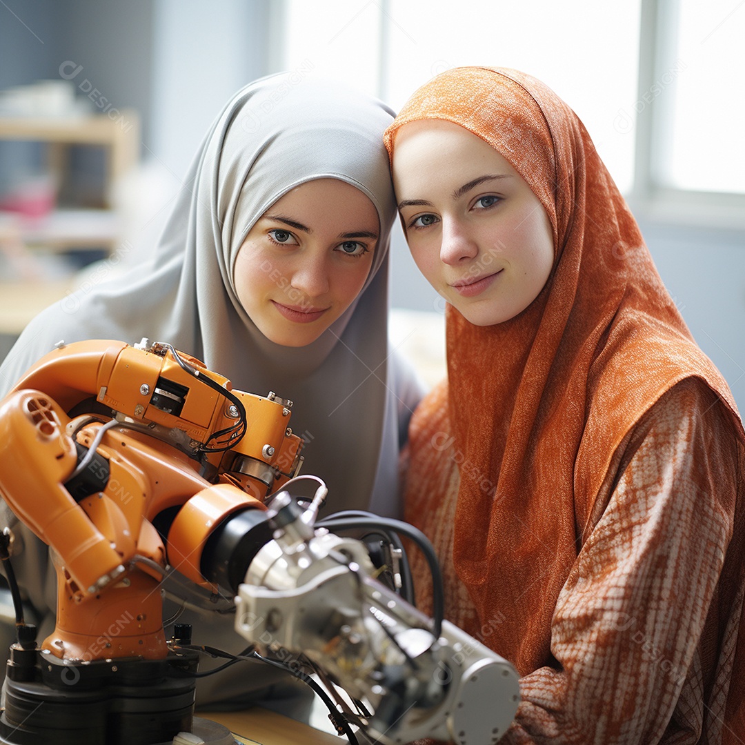 Estudantes muçulmanas fazendo experimento