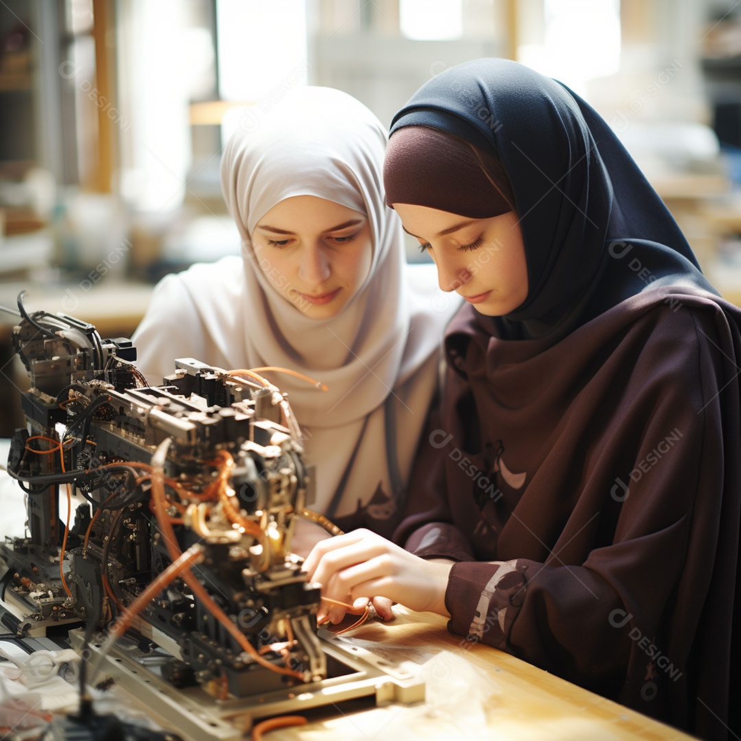 Estudantes muçulmanas fazendo experimento