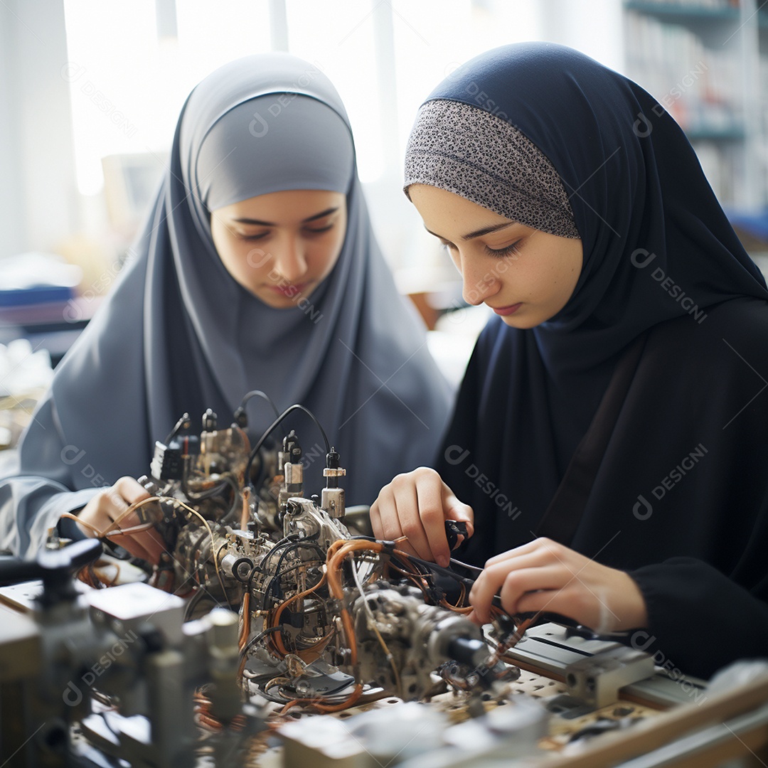 Estudantes muçulmanas fazendo experimento