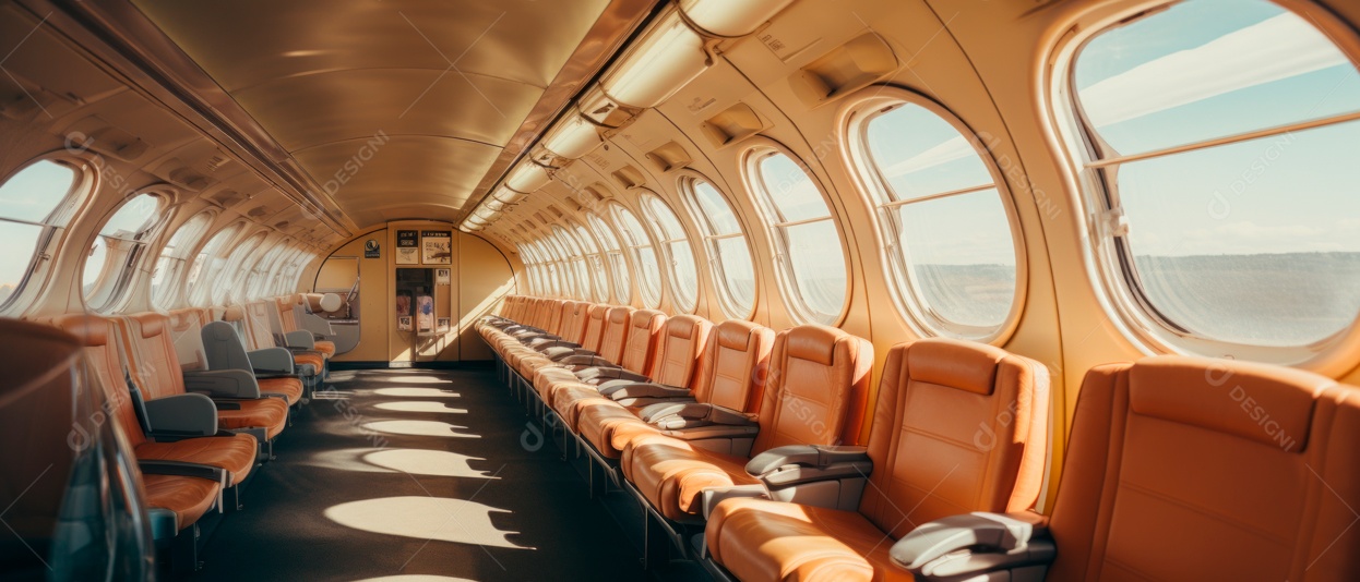 Assentos de aeronaves vazios e janelas de vigia iluminadas renderizadas de forma realista.