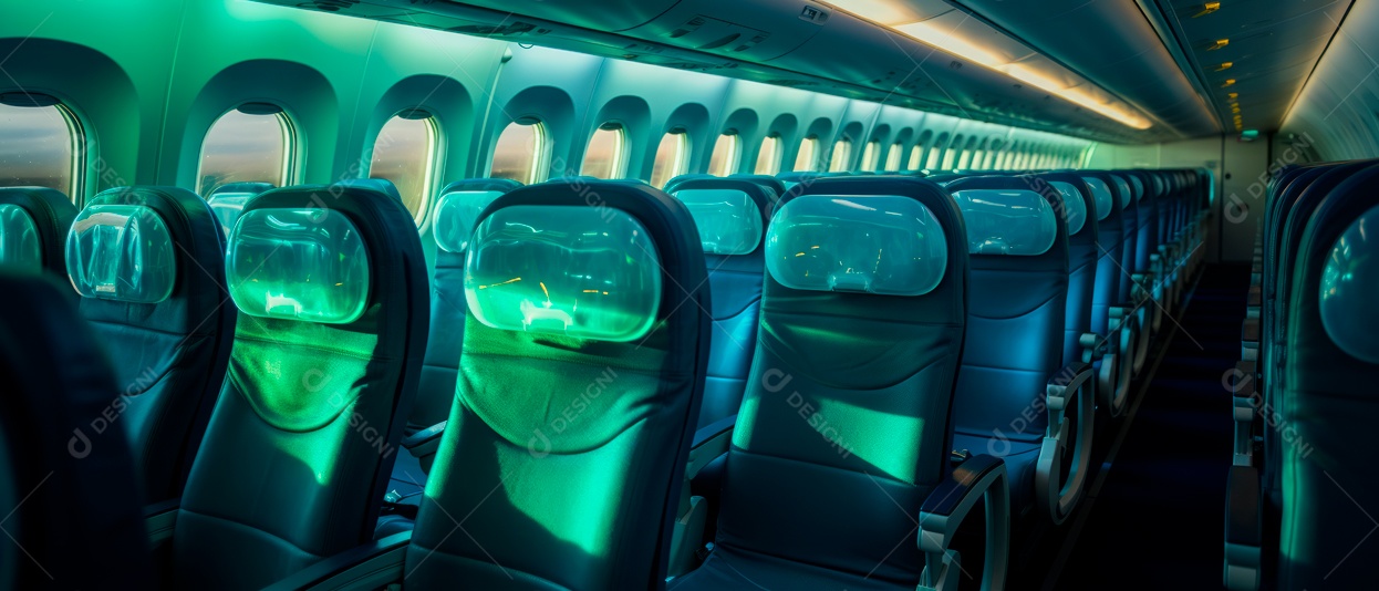 Assentos de aeronaves vazios e janelas de vigia iluminadas renderizadas de forma realista.