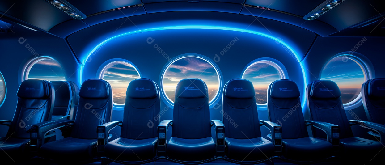 Assentos de aeronaves vazios e janelas de vigia iluminadas renderizadas de forma realista.