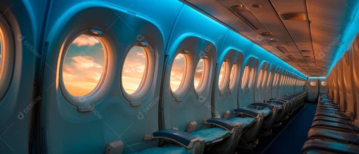 Assentos de aeronaves vazios e janelas de vigia iluminadas renderizadas de forma realista.