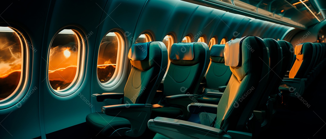 Assentos de aeronaves vazios e janelas de vigia iluminadas renderizadas de forma realista.