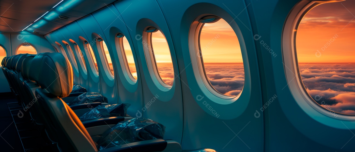 Assentos de aeronaves vazios e janelas de vigia iluminadas renderizadas de forma realista.