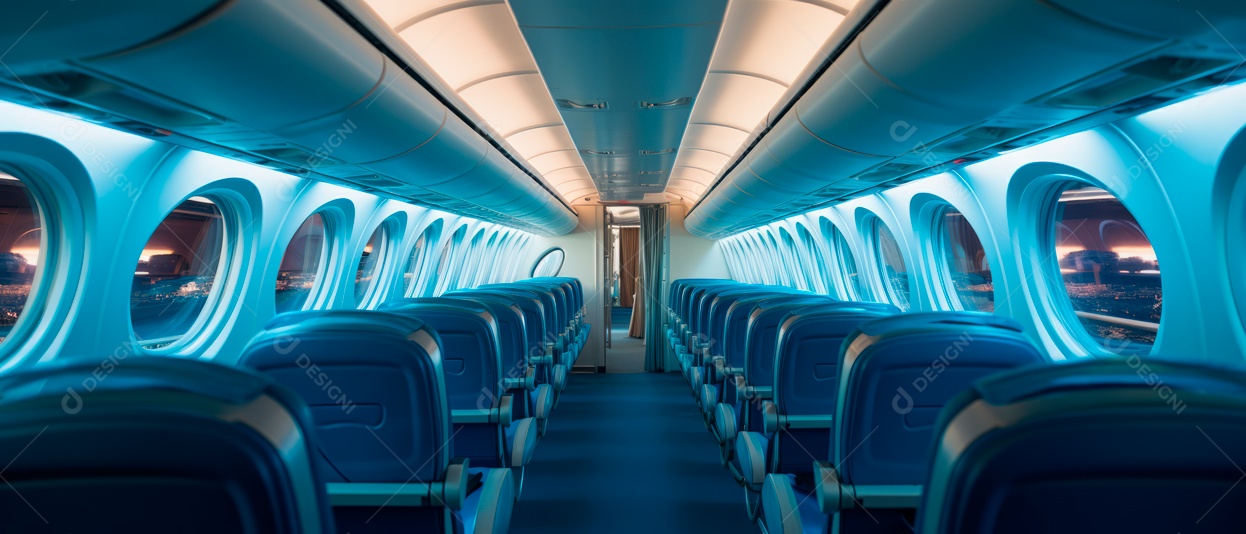 Assentos de aeronaves vazios e janelas de vigia iluminadas renderizadas de forma realista.